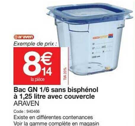 bac gn 1-6 sans bisphénol à 1,25 litre avec couvercle araven