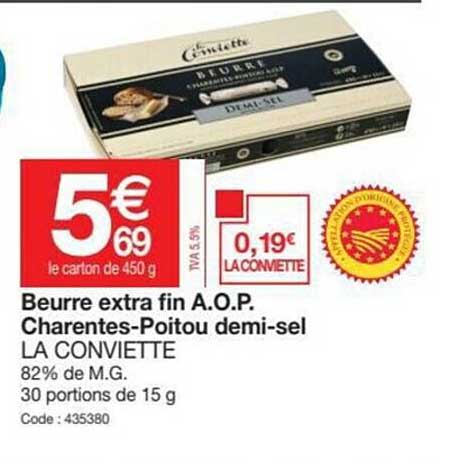 beurre extra fin a.o.p. charentes-poitou demi-sel la conviette