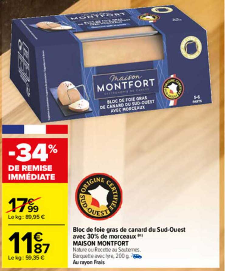 bloc de foie gras de canard du sud-ouest avec 30% de morceaux maison montfort