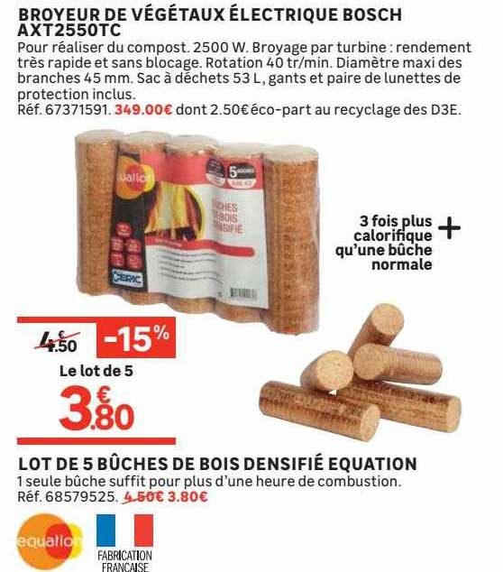 broyeur de végétaux électrique bosch axt2550tc, lot de 5 bûches de bois densifié équation