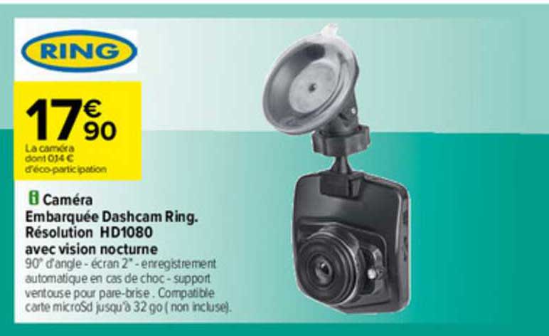 caméra embarquée dashcam ring. résolution hd1080 avec vision nocturne