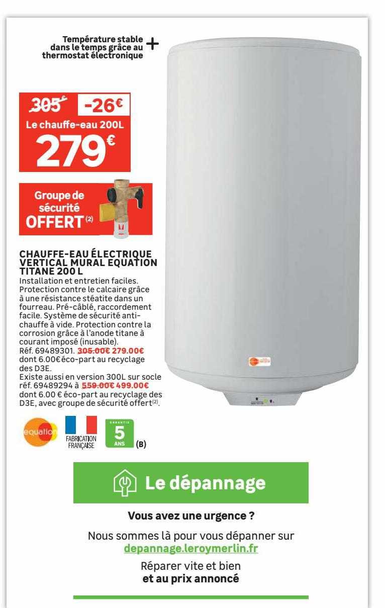 chauffe-eau électrique vertical mural équation titane 200 l