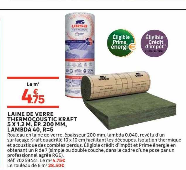 laine de verre thermocoustic kraft 5 x 1.2 m, ép. 200 mm, lambda 40, r=5