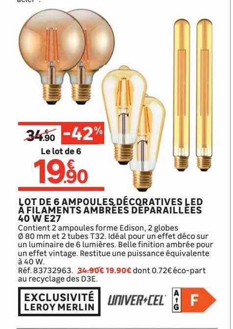 lot de 6 ampoules décoratives led à filaments ambrées deparaillées 40 w e27
