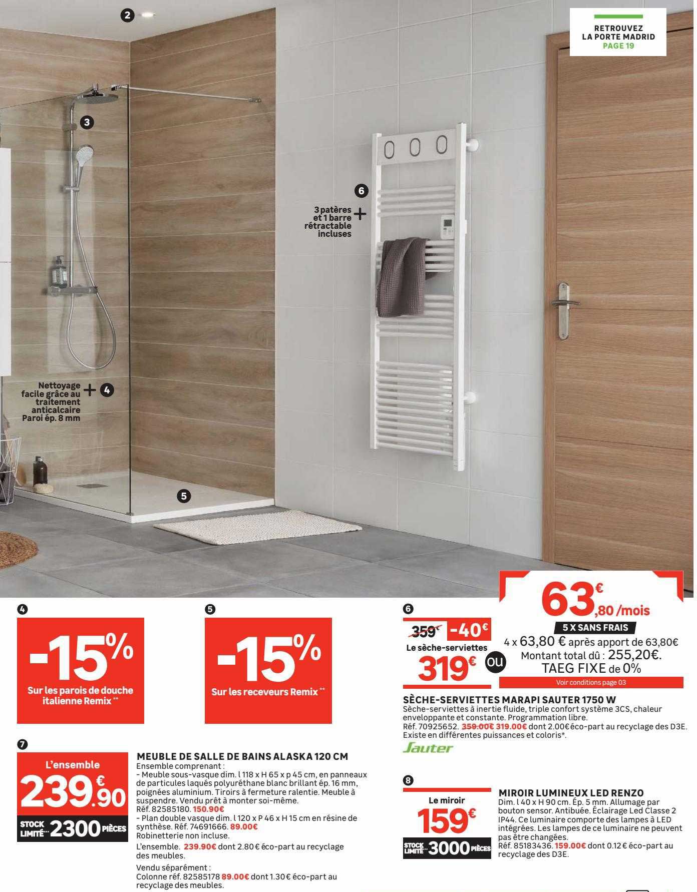 meuble de salle de bains alaska 120 cm, sèche-serviettes marapi sauter 1750w, miroir lumineux led renzo