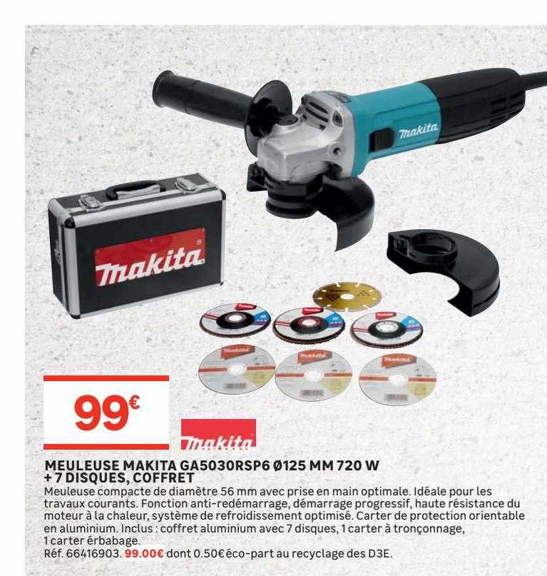 meuleuse makita ga5030rsp6 ø125 ùù 720 w + 7 disques, coffret