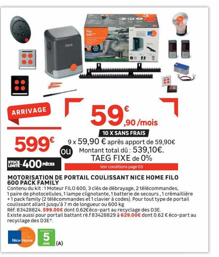 Motorisation De Portail Coulissant Nice Home Filo 600 Pack Family