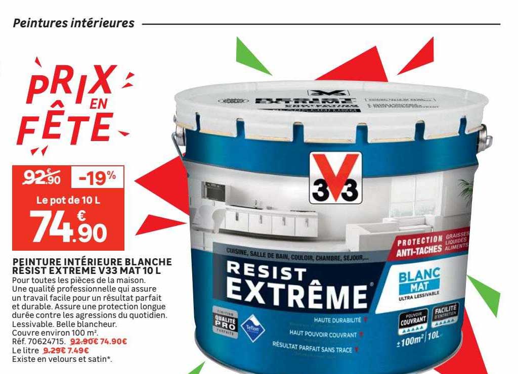 peinture intérieure blanche resist extrême v33 vat 10 l
