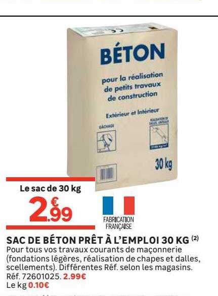 sac de béton prêt à l'emploi 30 kg