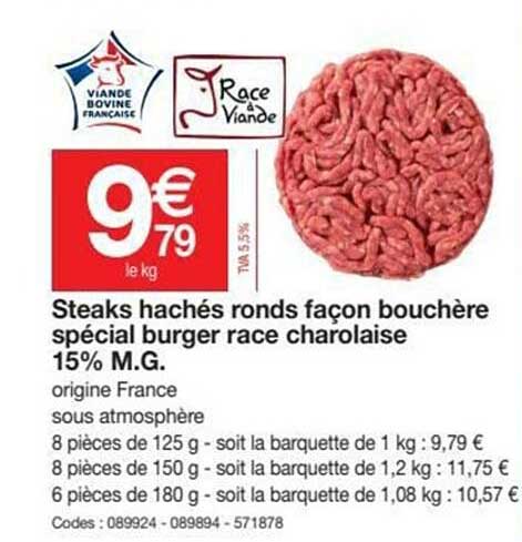 steaks hachés ronds façon bouchère spécial burger race charolaise 15% m.g.