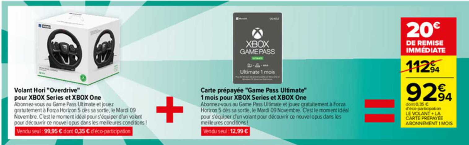 volant hori "overdrive" pour xbox séries et xbox one + carte prépayée "game pass ultimate" 1 mois pour xbox séries eet xbox one