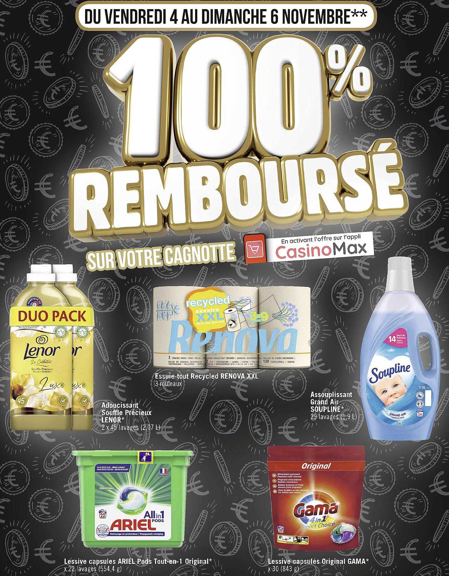 adoucissant souffle précieux lenor, essuie-tout recycled renova xxl, assouplissant grand air soupline, lessive capsules ariel pods tout-en-1 original, lessive capsules original gama