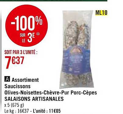 Assortiment Saucissons Olives-noisettes-chèvre-pur Porc-cèpes Salaisons Artisanales