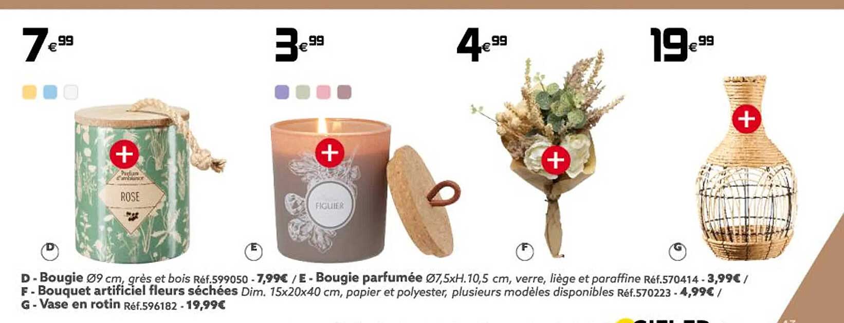 bougie, bougie parfumée, bouquet artificiel fleurs séchées, vase en rotin