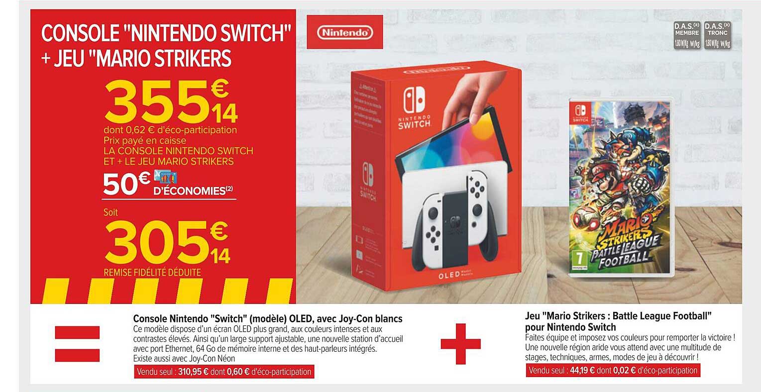 console nintendo "switch" (modèle) oled, avec joy-con blanc + jeu "mario strikers : battle league football" pour nintendo switch