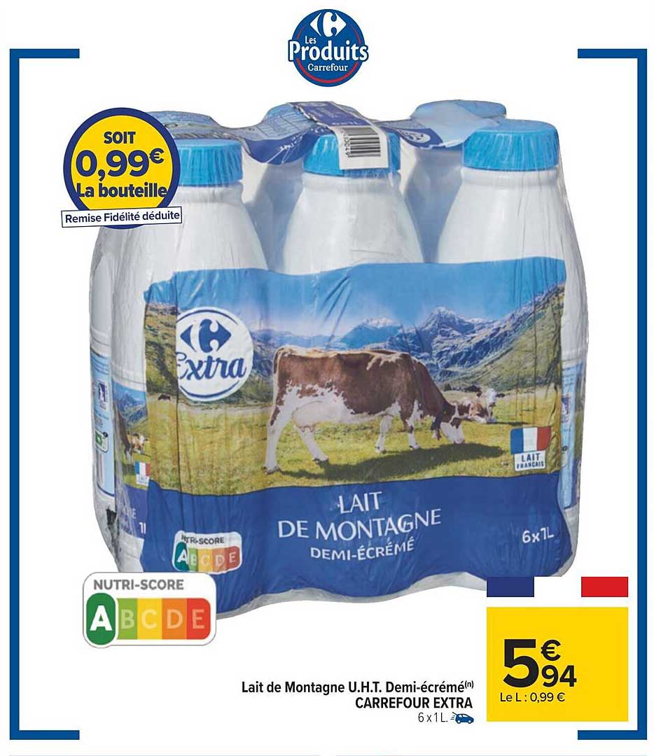 lait de montagne u.h.t. demi-écrémé carrefour extra