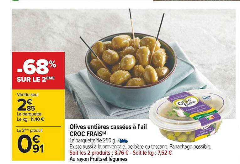 Olives Entières Cassées à L'ail Croc Frais