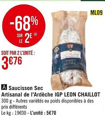 saucisson sec artisanal de l'ardèche igp leon chaillot