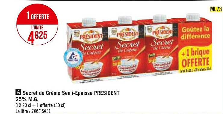 secret de crème semi-épaisse président 25% m.g.