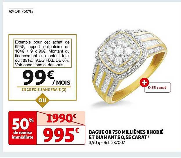 bague or 750 millièmes rhodié et diamants 0,55 carat