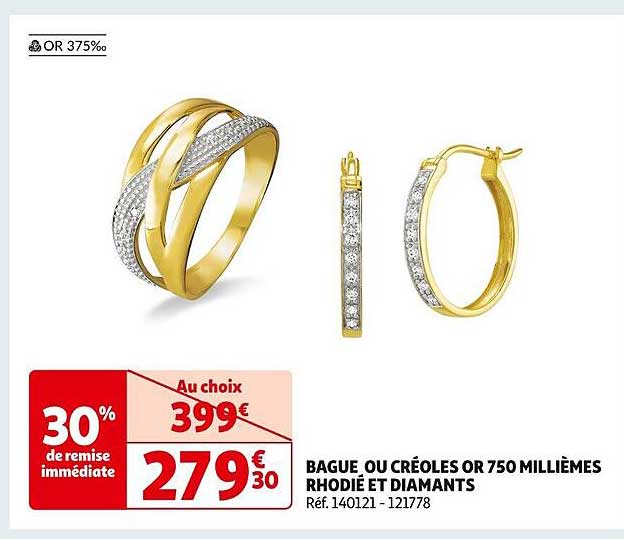 bague ou créoles or 750 millièmes rhodié et diamants