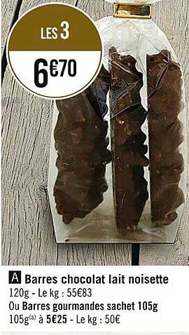 Barres Chocolat Lait Noisette Ou Barres Gourmandes Sachet 105 G