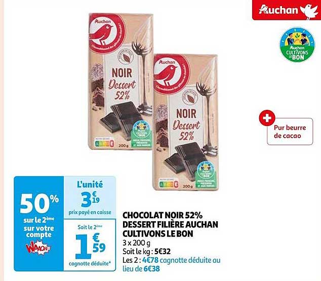 chocolat noir 52% dessert filière auchan cultivons le bon