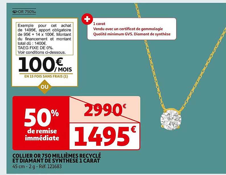 collier or 750 millièmes recyclé et diamant de synthèse 1 carat