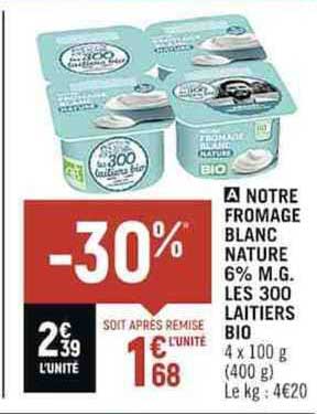 notre fromage blanc nature 6% m.g. les 300 laitiers bio