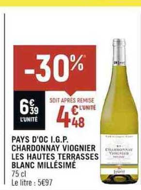 pays d'oc i.g.p. chardonnay viognier les hautes terrasses blanc millésimé