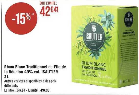 rhum blanc traditionnel de l'île de la réunion 49% vol. isautier
