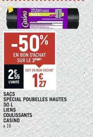 sacs spécial poubelles hautes 50 l liens coulissants casino