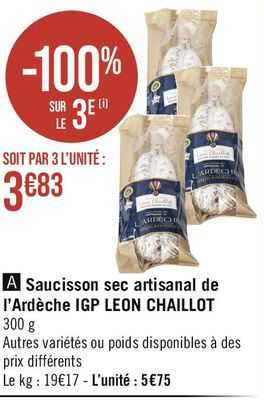 saucisson sec artisanal de l'ardèche igp léon chaillot