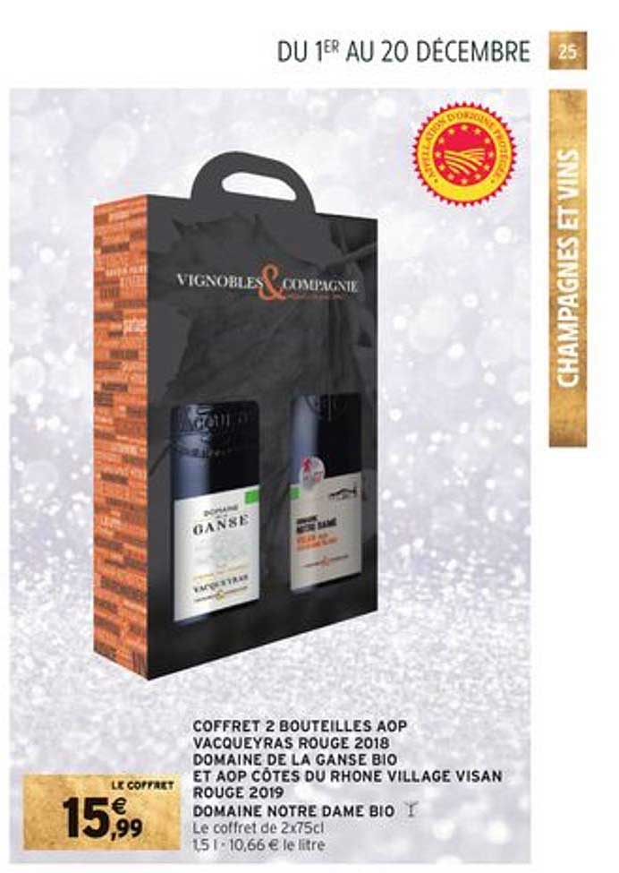 coffret 2 bouteilles aop vacqueyras rouge 2018 domaine de la ganse bio et aop côtes du rhone village visan rouge 2019 domaine notre dame bio