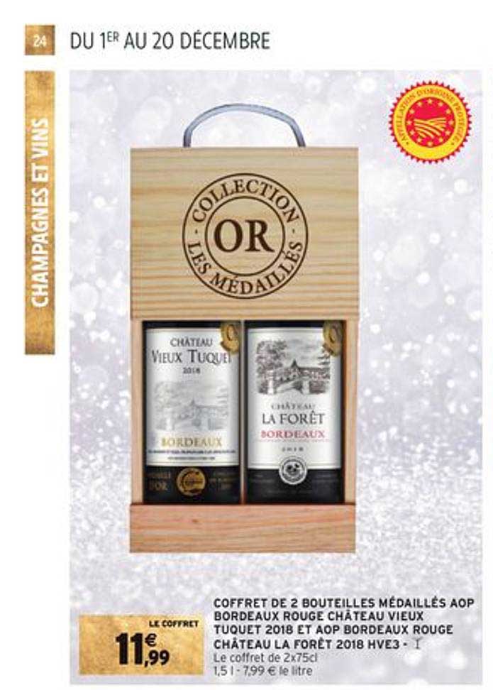 coffret de 2 bouteilles médaillés aop bordeaux rouge château vieux tuquet 2018 et aop bordeaux rouge château la forêt 2018 hve3