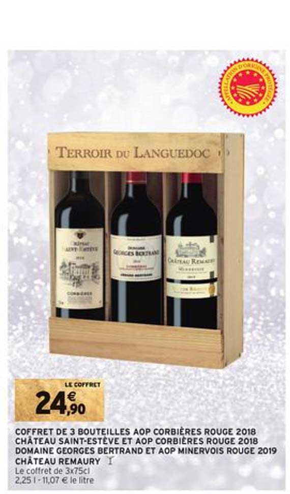 coffret de 3 bouteilles aop corbières rouge 2018 château saint estève et aop corbières rouge 2018 domaine goerges bertrand et aop minervois rouge 2019 château remaury