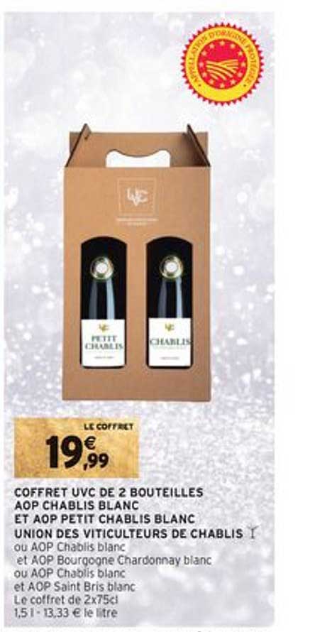 coffret uvc de 2 bouteilles aop chablis blanc et aop petit chablis blanc union des viticulteurs de chablis