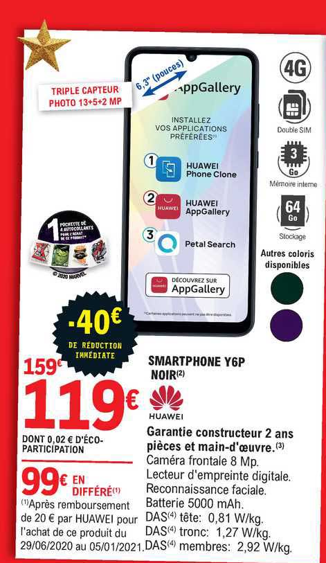 smartphone y6p noir huawei