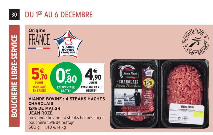 viande bovine : 4 steaks hachés charolais 12% mat.gr jean rozé