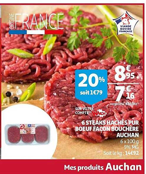 6 steaks hachés pur boeuf façon bouchère auchan