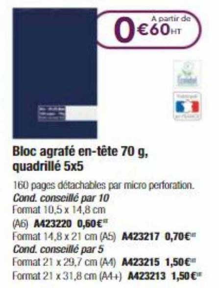 bloc agrafé en-tête 70 g quadrillé 5x5