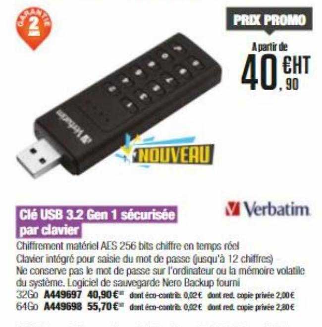 clé usb 3.2 gen 1 sécurisée par clavier verbatim