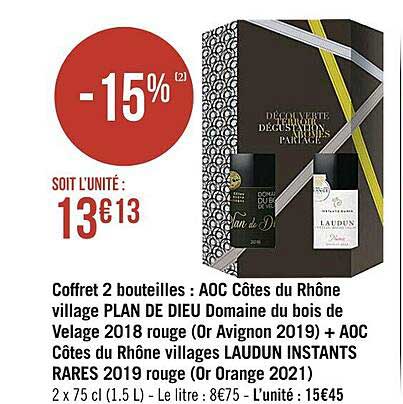 coffret 2 bouteilles : aoc côtes du rhône village plan de dieu domaine du bois de velage 2018 rouge (or avignon 2019) + aoc côtes du rhône villages laudin instants rares 2019 rouge (or orange 2021)