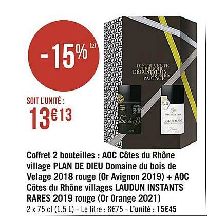 coffret 2 bouteilles : aoc côtes du rhône village plan de dieu domaine du bois de velage 2018 rouge (or avignon 2019) + aoc côtes du rhône villages laudun instants rares 2019 rouge (or orange 2021)