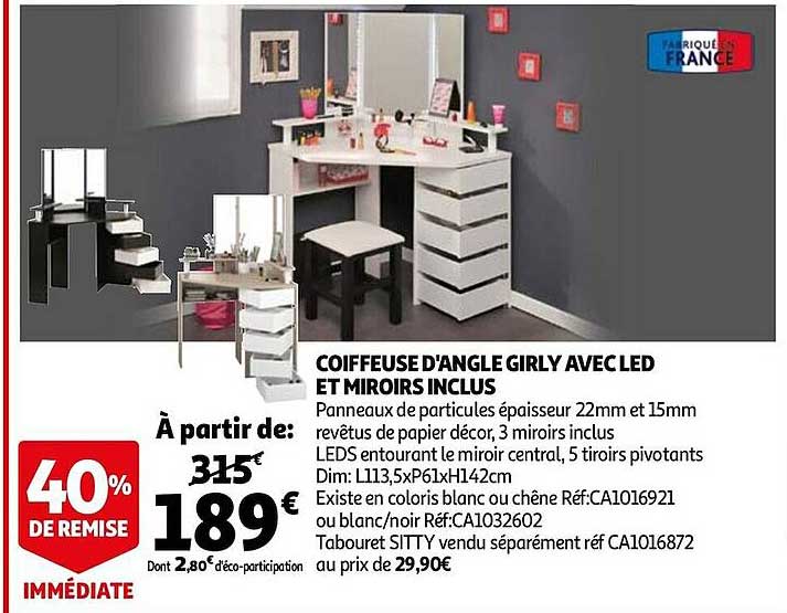 coiffeuse d'angle girly led et miroirs inclus
