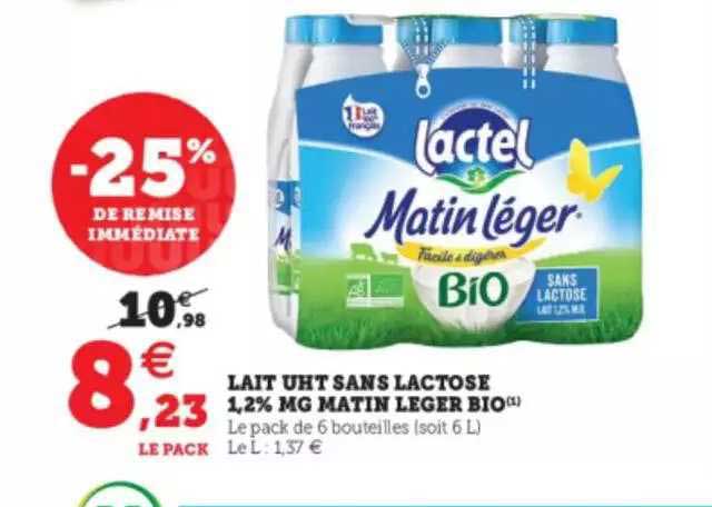 lait uht sans lactose 1.2% mg matin leger bio -25% de remise immédiate