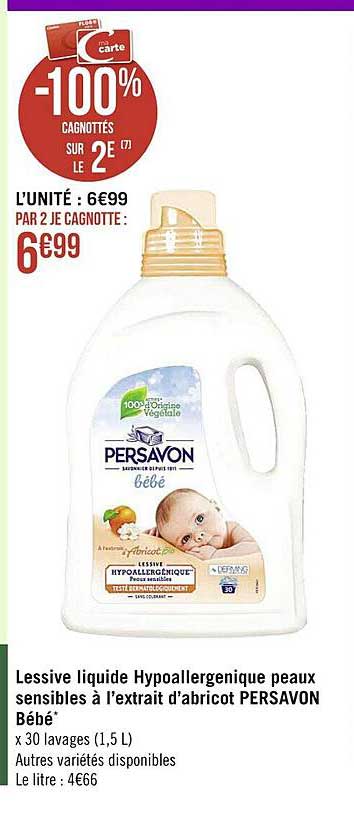 lessive liquide hypoallergénique peaux sensibles à l'extrait d'abricot persavon bébé