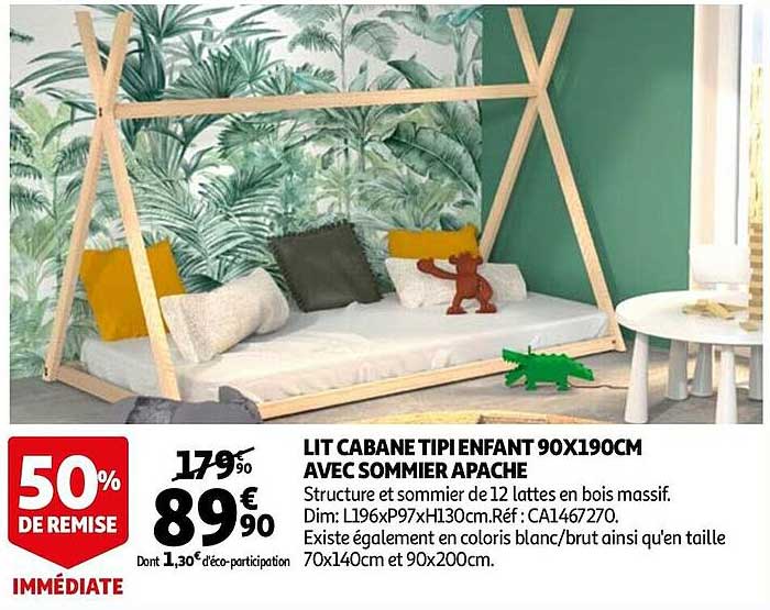 lit cabane tipi enfant 90 x 190 cm avec sommier apache