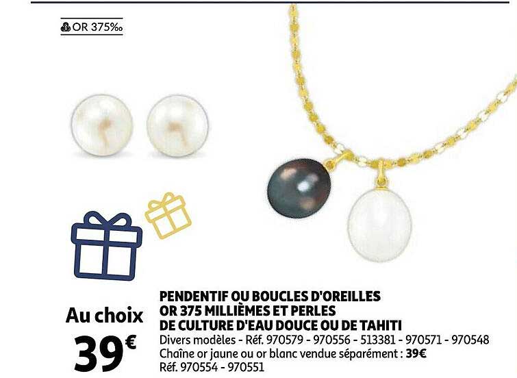 pendentif ou boucles d'oreilles or 375 millièmes et perles de culture d'eau douce ou de tahiti