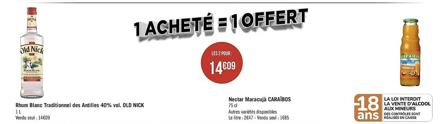 rhum blanc traditionnel des antilles 40% vol. old nick, nectar maracujà caraïbos